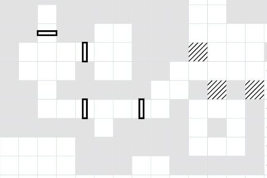 Grid map with gray filled wall cells and door blocks occupying full squares